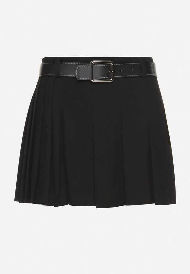 Born2be - Czarne Plisowane Spódnico-Szorty z Wiskozą i Paskiem z Ekoskóry Lobilae. Okazja: na spotkanie biznesowe. Kolor: czarny. Materiał: wiskoza. Styl: elegancki, biznesowy