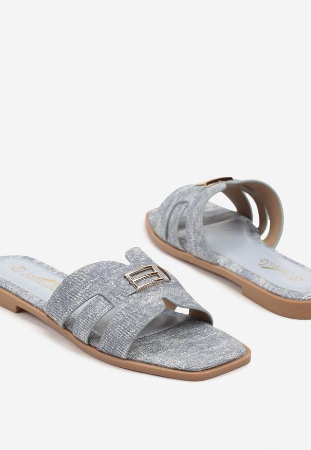 Renee - Jasnoniebieskie Klapki na Płaskiej Podeszwie z Elegancką Aplikacją Ellidella. Okazja: na plażę, na co dzień. Kolor: niebieski. Materiał: len. Wzór: aplikacja. Obcas: na płaskiej podeszwie. Styl: elegancki