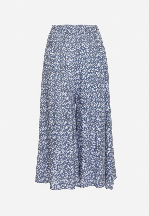 Born2be - Niebieskie Bawełniane Spodnie Kuloty z Wysokim Stanem i Wzorem w Kwiaty Ondinne. Okazja: na co dzień. Stan: podwyższony. Kolor: niebieski. Materiał: bawełna. Wzór: kwiaty. Styl: casual, elegancki