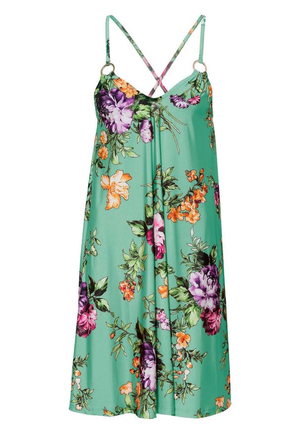 Sukienka w kwiaty bonprix turkusowy w kwiaty. Kolor: zielony. Długość rękawa: na ramiączkach. Wzór: kwiaty. Sezon: lato
