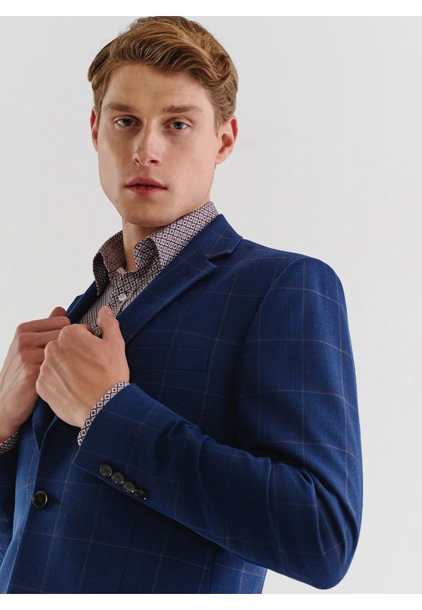 Pako Lorente - PAKO LORENTE – Granatowa marynarka casualowa w kratę. Okazja: na co dzień. Kolor: niebieski. Materiał: bawełna, wełna, poliester. Styl: casual