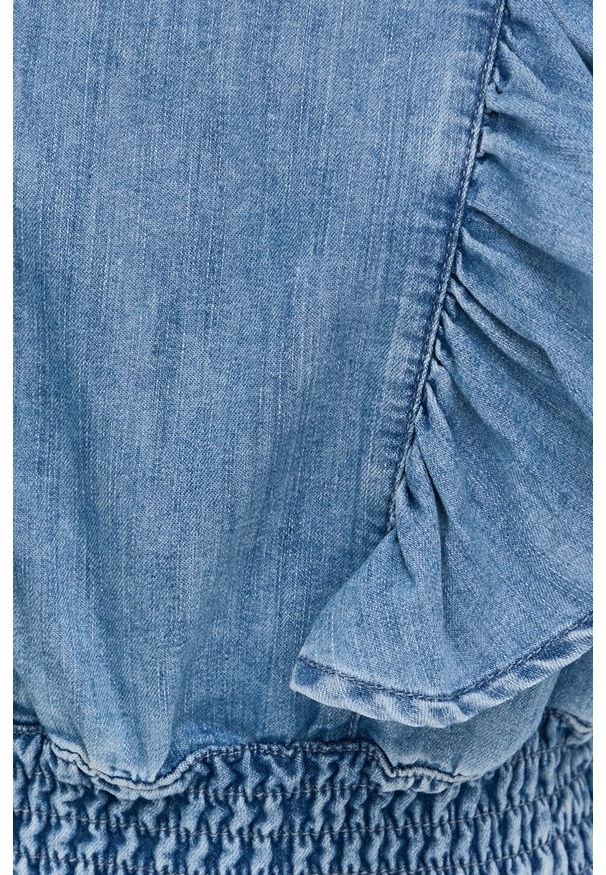 Pinko bluzka jeansowa damska gładka. Typ kołnierza: kołnierzyk stójkowy. Kolor: niebieski. Materiał: jeans. Długość rękawa: długi rękaw. Długość: długie. Wzór: gładki