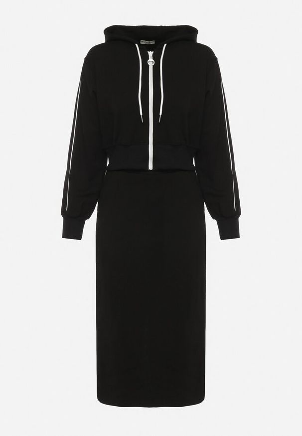 Born2be - Czarny Komplet Dresowy ze Spódnicą i Zasuwaną Bluzka z Kapturem Zerinala. Kolor: czarny. Materiał: dresówka