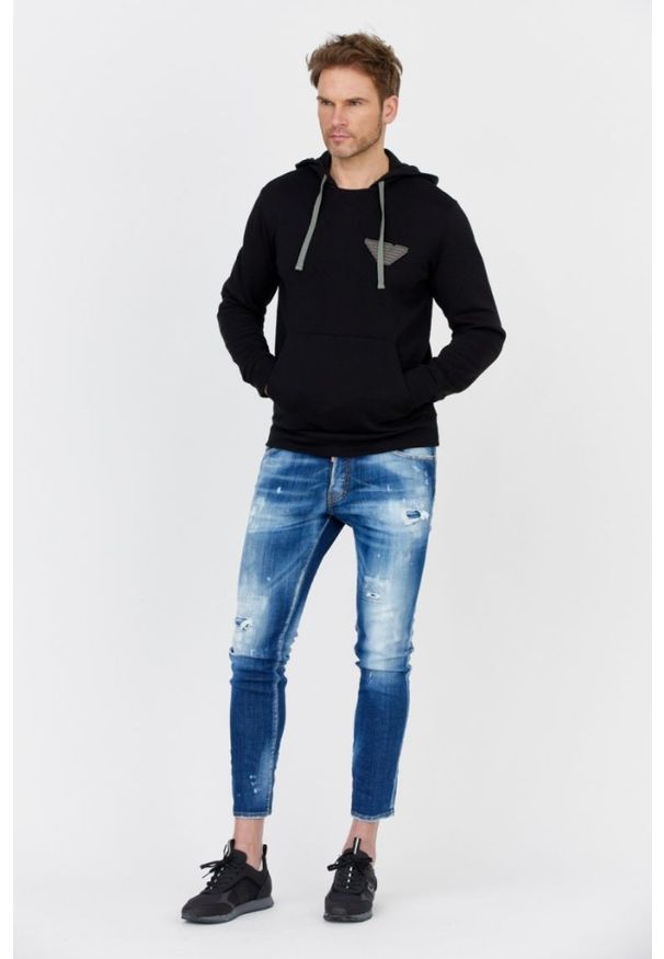 Emporio Armani - EMPORIO ARMANI Czarna bluza męska z kapturem i szarym logo, Rozmiar XL. Typ kołnierza: kaptur. Kolor: czarny. Materiał: prążkowany
