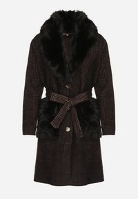 Born2be - Czarny Elegancki Płaszcz z Wiskozą z Wiązanym Paskiem i Futerkiem Lannorela. Okazja: na spotkanie biznesowe, do pracy. Kolor: czarny. Materiał: wiskoza, futro. Styl: elegancki
