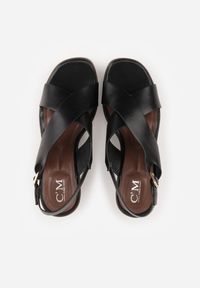 Renee - Czarne Sandały na Platformie i Koturnie z Geometryczną Cholewką Adrasithise. Zapięcie: sprzączka. Kolor: czarny. Wzór: geometria. Obcas: na koturnie #6