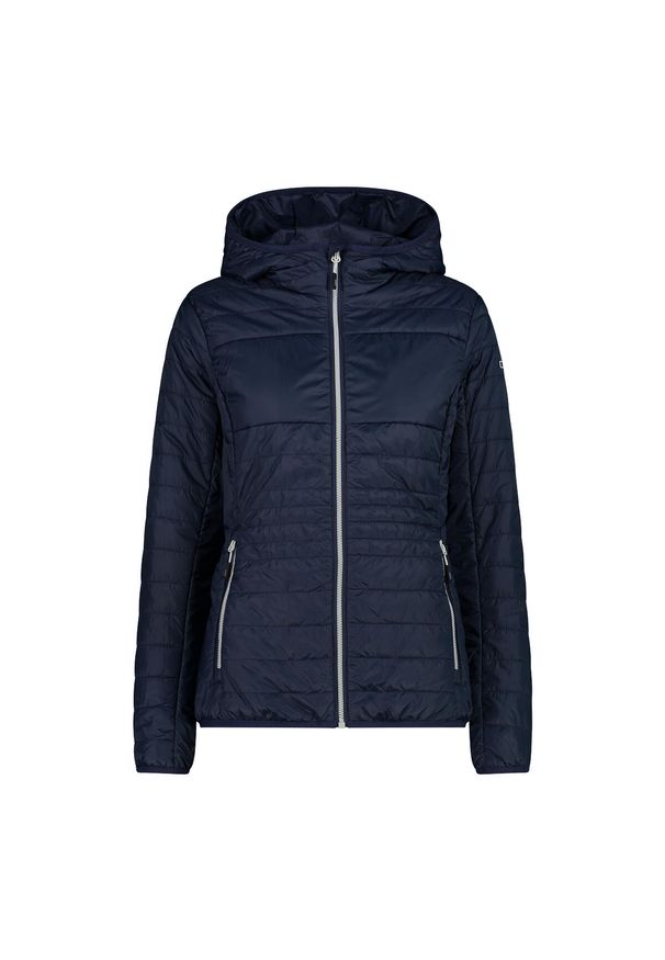 Damska kurtka z kapturem CMP. Typ kołnierza: kaptur. Kolor: niebieski, wielokolorowy, biały. Materiał: puch. Sport: turystyka piesza