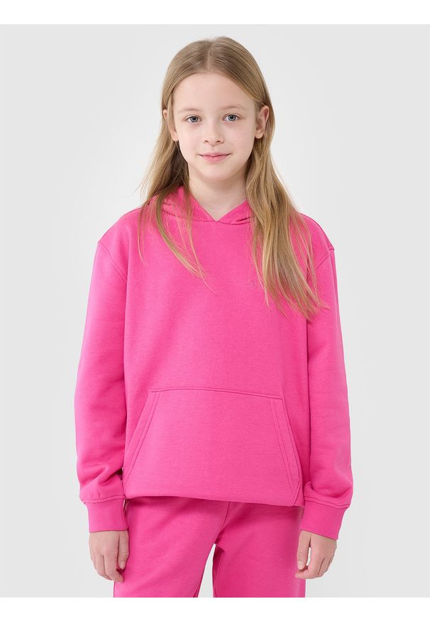 4f - 4F Bluza dresowa nierozpinana z kapturem dziewczęca - różowa 140 (9-10 lat). Okazja: na co dzień. Typ kołnierza: kaptur. Kolor: różowy. Materiał: dresówka. Wzór: gładki, ze splotem. Sezon: lato. Styl: casual, sportowy