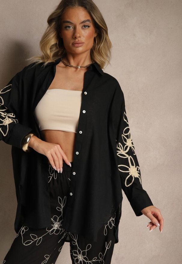 Renee - Czarna Koszula z Bawełny o Kroju Oversize z Kwiatowymi Aplikacjami Fadelya. Okazja: na co dzień. Kolor: czarny. Materiał: bawełna. Wzór: aplikacja, kwiaty. Styl: casual, elegancki