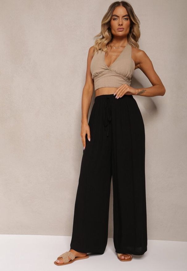 Renee - Czarne Szerokie Spodnie High Waist z Gumką w Talii Ilnena. Okazja: na co dzień. Stan: podwyższony. Kolor: czarny. Styl: klasyczny, elegancki, casual