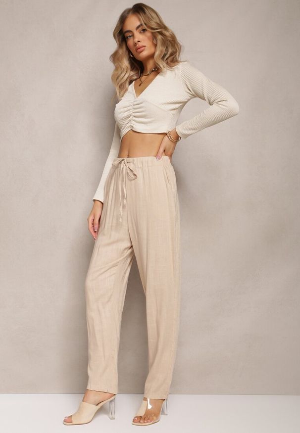 Renee - Beżowe Proste Spodnie Bawełniane z Gumką w Pasie Xisela. Kolor: beżowy. Materiał: bawełna. Styl: elegancki