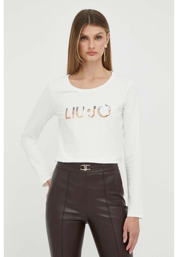 Liu Jo longsleeve damski kolor biały. Kolor: biały. Materiał: dzianina, prążkowany. Długość rękawa: długi rękaw. Długość: długie