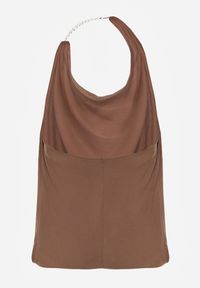 Renee - Brązowy Marszczony Top Halter z Łańcuszkiem i Kwiatem Przy Dekolcie Idivanna. Okazja: na imprezę. Typ kołnierza: dekolt halter. Kolor: brązowy. Materiał: jeans. Wzór: kwiaty. Styl: elegancki #4