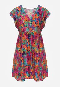 Renee - Fuksjowa Wiskozowa Sukienka Mini z Falbaną Linne. Okazja: na co dzień, na spacer, na imprezę. Typ kołnierza: dekolt w kształcie V. Kolor: różowy. Materiał: wiskoza. Sezon: lato. Typ sukienki: proste. Styl: casual. Długość: mini #2