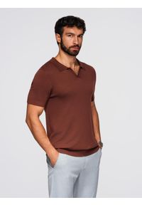 Ombre Clothing - Koszulka męska polo bez guzików z klasycznym splotem – ciepłobrązowa V4 - Rozmiar: L. Typ kołnierza: polo. Kolor: brązowy. Materiał: wiskoza, dzianina, materiał, elastan, nylon. Wzór: ze splotem. Styl: klasyczny