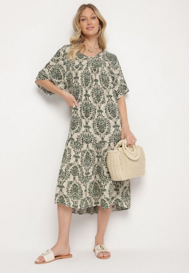 Born2be - Ciemnozielona Sukienka z Bawełną w Abstrakcyjny Wzór Filindela. Okazja: na spacer, na co dzień. Kolor: zielony. Materiał: bawełna. Wzór: aplikacja. Styl: casual, elegancki, klasyczny