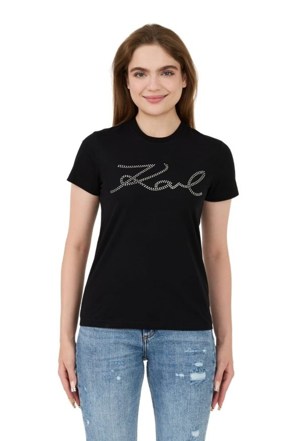 Karl Lagerfeld - KARL LAGERFELD Czarny damski t-shirt Rhinestone Logo, Rozmiar XS. Kolor: czarny