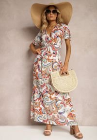 Renee - Biało-Różowa Rozkloszowana Sukienka z Bawełny o Kopertowym Kroju w Print Paisley Piavella. Okazja: na co dzień. Kolor: biały. Materiał: bawełna. Wzór: paisley, nadruk. Typ sukienki: kopertowe. Styl: elegancki, casual #4