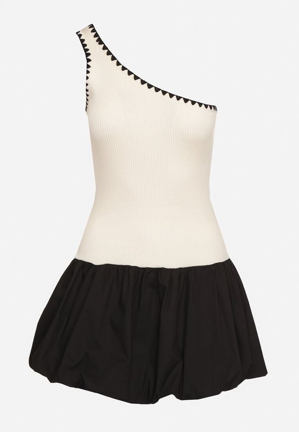 Born2be - Beżowa Asymetryczna Sukienka o Kroju Bombki z Kontrastującą Lamówką Amoiane. Okazja: na co dzień. Kolor: beżowy. Materiał: poliester. Typ sukienki: asymetryczne, bombki. Styl: casual, elegancki