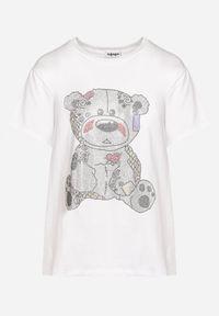 Born2be - Biały Bawełniany T-shirt Wykończony z Przodu Cyrkoniami Hulilla. Okazja: na co dzień. Kolor: biały. Materiał: bawełna. Wzór: aplikacja. Styl: casual, elegancki #5