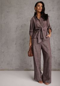 Renee - Brązowy Komplet z Wiskozą Bawełną i Lnem Wiązana Koszula i Szerokie Spodnie Ravisela. Kolor: brązowy. Materiał: wiskoza, bawełna, len #6