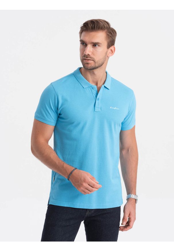 Ombre Clothing - Koszulka polo z dzianiny pique - niebieska V3 - Rozmiar: S. Typ kołnierza: polo. Kolor: niebieski. Materiał: dzianina. Wzór: haft