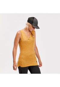 FORCLAZ - Koszulka trekkingowa damska na ramiączkach, Forclaz Travel 500 Merino. Kolor: brązowy, wielokolorowy, pomarańczowy, żółty. Materiał: materiał, wełna, akryl, poliamid. Długość rękawa: na ramiączkach. Sezon: zima, lato #1