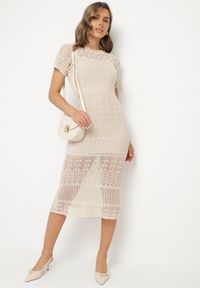 Born2be - Beżowa Ażurowa Sukienka z Wiskozą Zoriena. Okazja: na co dzień. Kolor: beżowy. Materiał: wiskoza. Długość rękawa: na ramiączkach. Wzór: ażurowy. Typ sukienki: proste. Styl: boho, casual, elegancki #1