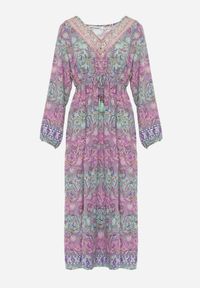 Renee - Różowa Sukienka z Dekoltem w V o Rozkloszowanym Fasonie w Print Paisley Akka. Okazja: na co dzień. Kolor: różowy. Materiał: skóra, zamsz. Wzór: nadruk, paisley. Styl: elegancki, casual #2