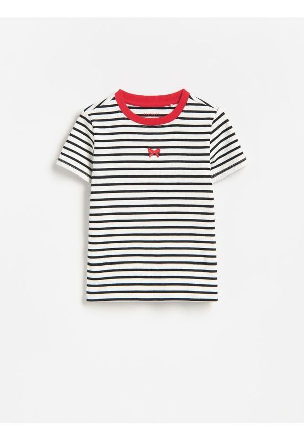 Reserved - Prążkowany t-shirt z haftem - wielobarwny. Materiał: prążkowany. Wzór: haft
