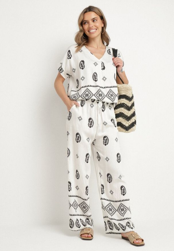Born2be - Czarno-Biały Bawełniany Komplet Koszula i Szerokie Spodnie w Stylu Boho Ollirive. Kolor: biały. Materiał: bawełna. Wzór: aplikacja