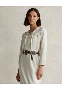 Ralph Lauren - RALPH LAUREN - Biała sukienka z kapturem midi Straight fit. Typ kołnierza: kaptur. Kolor: biały. Materiał: materiał. Długość rękawa: długi rękaw. Wzór: aplikacja. Długość: midi #3