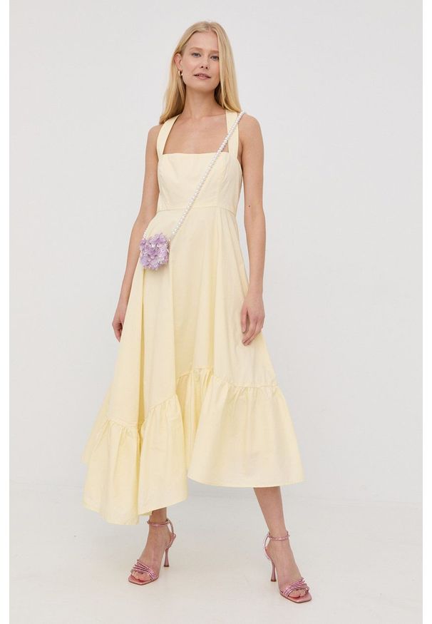 BARDOT - Bardot sukienka bawełniana kolor żółty midi rozkloszowana. Kolor: żółty. Materiał: bawełna. Długość rękawa: na ramiączkach. Typ sukienki: rozkloszowane. Długość: midi