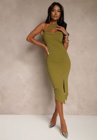 Renee - Jasnozielona Koktajlowa Sukienka Typu Bodycon o Asymetrycznym Kroju Haliannea. Okazja: na imprezę, na co dzień. Kolor: zielony. Długość rękawa: bez rękawów. Sezon: lato. Typ sukienki: bodycon, asymetryczne. Styl: wizytowy