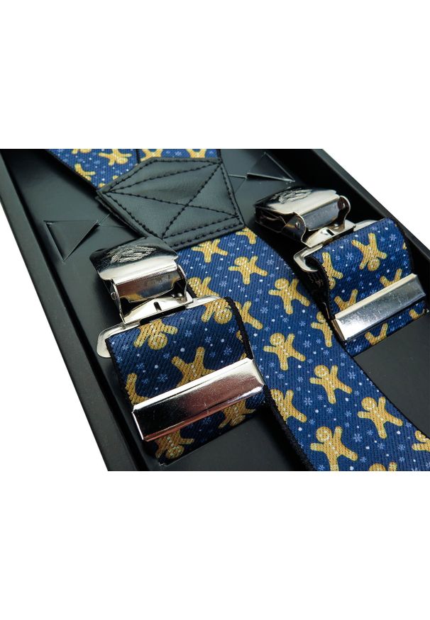 Modini - Granatowe szelki w świąteczny wzór - pierniki, ciastka SZ90. Kolor: niebieski. Materiał: skóra, guma