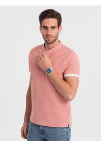 Ombre Clothing - Męska koszulka polo bez kołnierzyka - różowa V7 OM-TSCT-0156 - XXL. Typ kołnierza: bez kołnierzyka, polo. Kolor: różowy. Materiał: bawełna. Długość: długie #6