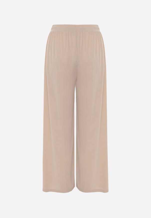 Born2be - Beżowe Spodnie z Wysokim Stanem i Szerokimi Nogawkami Zdobione Guzikiem Kelesh. Okazja: do pracy, na co dzień. Stan: podwyższony. Kolekcja: plus size. Kolor: beżowy. Materiał: tkanina, prążkowany. Długość: długie. Wzór: aplikacja. Styl: elegancki, casual