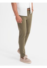 Ombre Clothing - Spodnie męskie chino o dopasowanym kroju - oliwkowe V3 OM-PACP-0151 - XXL. Okazja: na co dzień. Kolor: oliwkowy. Materiał: bawełna, materiał, tkanina, elastan. Styl: casual #5