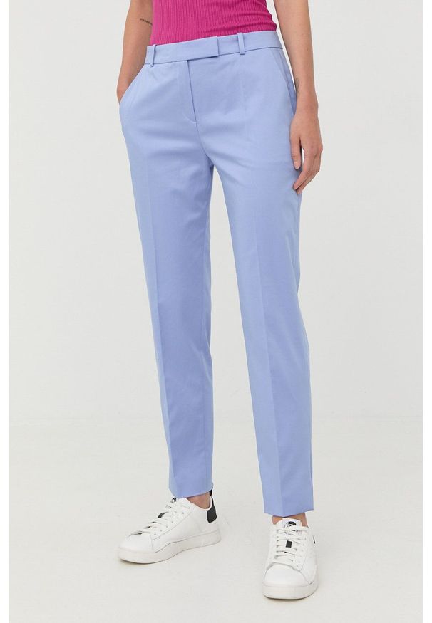 Hugo - HUGO spodnie damskie proste high waist. Okazja: na co dzień. Stan: podwyższony. Kolor: niebieski. Materiał: bawełna. Styl: casual
