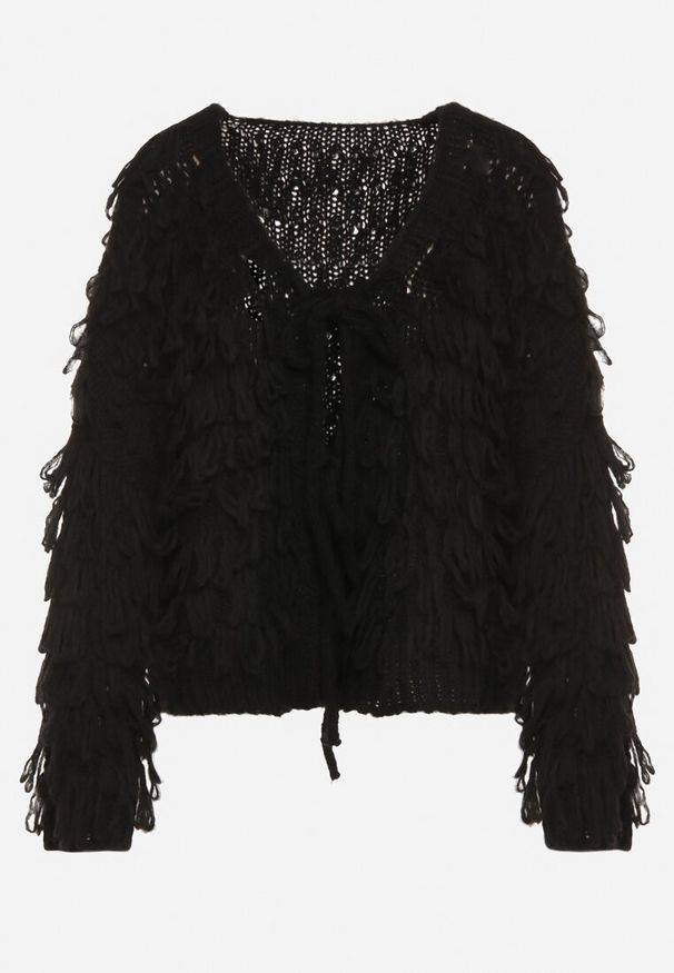 Born2be - Czarny Wiązany Kardigan z Dodatkiem Wełny i Wiskozy Zdobiony Frędzlami Tiravea. Okazja: na co dzień. Typ kołnierza: dekolt w serek. Kolor: czarny. Materiał: wełna, wiskoza. Długość rękawa: długi rękaw. Długość: długie. Wzór: aplikacja. Styl: casual, elegancki