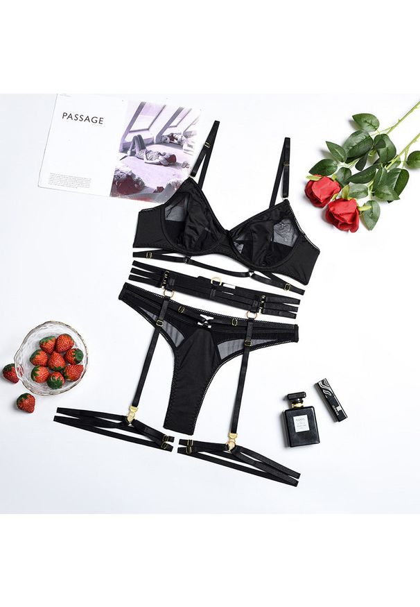 Intica - zestaw bieliźniany z ozdobnymi strapsami na romantyczne wieczory Merima. Kolor: czarny. Materiał: materiał