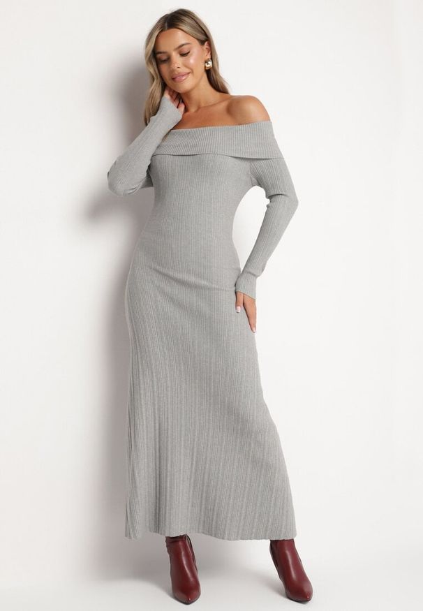 Born2be - Szara Rozkloszowana Sukienka z Wiskozą i Odkrytymi Ramionami Siannela. Okazja: na co dzień. Kolor: szary. Materiał: wiskoza. Długość rękawa: długi rękaw. Styl: klasyczny, casual, elegancki