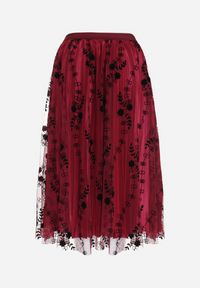 Born2be - Bordowa Midi Plisowana Spódnica z Gumką w Pasie i Tiulem w Kwiaty Selkitrad. Kolor: czerwony. Materiał: tiul. Wzór: kwiaty #6