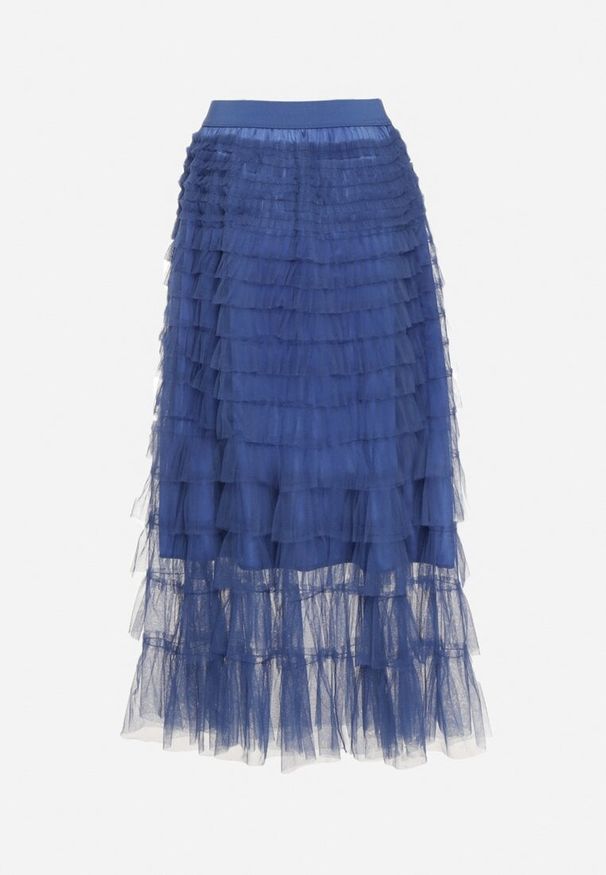 Born2be - Granatowa Spódnica Rozkloszowana z Siateczką i Ozdobnymi Falbankami Ilola. Okazja: na co dzień. Kolor: niebieski. Styl: elegancki, casual