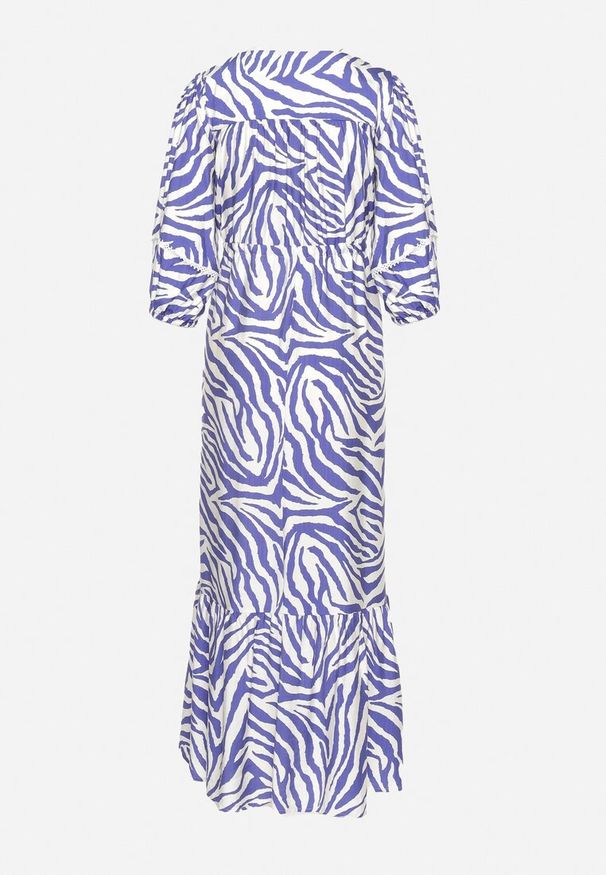 Born2be - Granatowa Sukienka z Bawełny i Wiskozy w Abstrakcyjne Paski ze Sznurkiem w Talii Navarae. Okazja: na co dzień. Kolor: niebieski. Materiał: bawełna, wiskoza. Wzór: paski. Typ sukienki: proste. Styl: wizytowy, casual