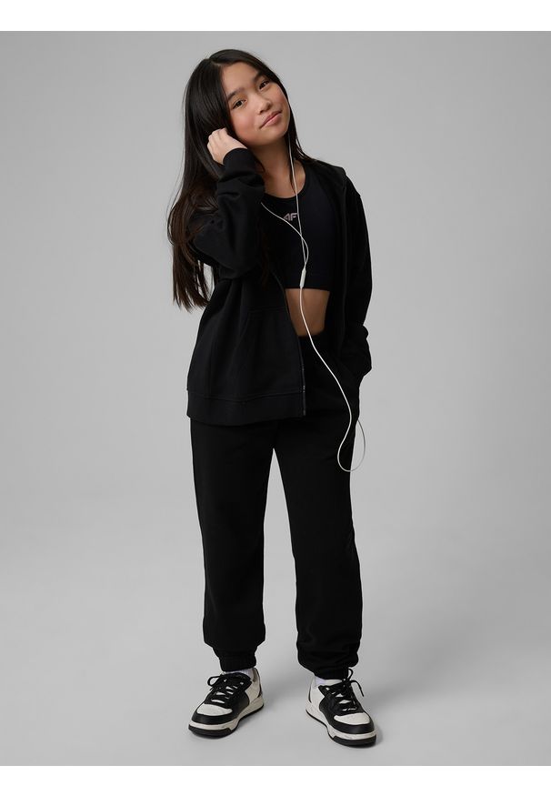 4f - 4F Bluza dresowa loose z kapturem dziewczęca - czarna 146/152 (10-12 lat). Okazja: na co dzień, na uczelnię. Typ kołnierza: kaptur. Kolor: czarny. Materiał: dresówka. Sezon: lato. Styl: casual