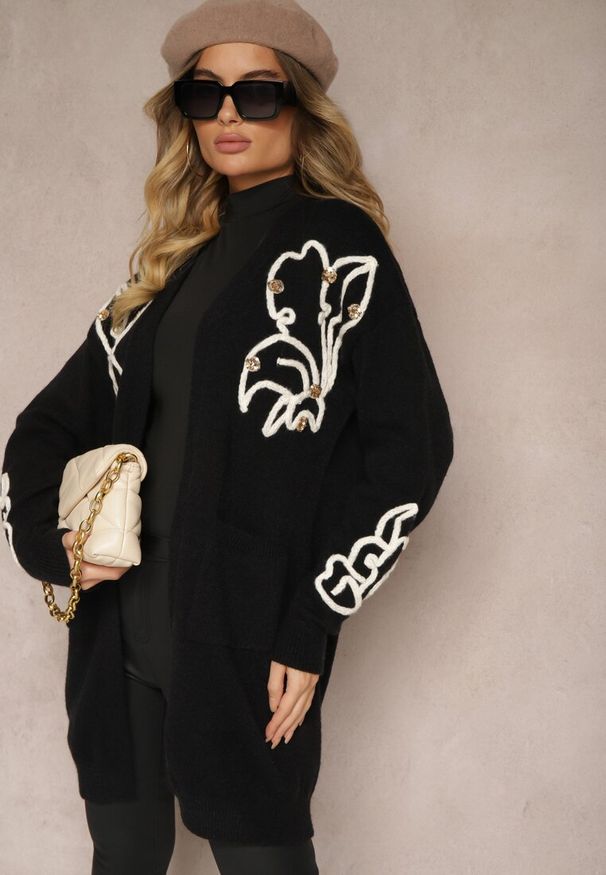 Renee - Czarny Kardigan Nierozpinany z Kieszeniami i Cekinami Firizelle. Okazja: na co dzień, na spotkanie biznesowe. Kolor: czarny. Materiał: jeans. Styl: wizytowy, biznesowy, elegancki, casual