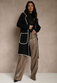 Renee - Czarny Kardigan z Haftowaną Lamówką Tuscele. Okazja: na co dzień. Kolor: czarny. Materiał: jeans. Wzór: haft. Styl: casual, elegancki #1