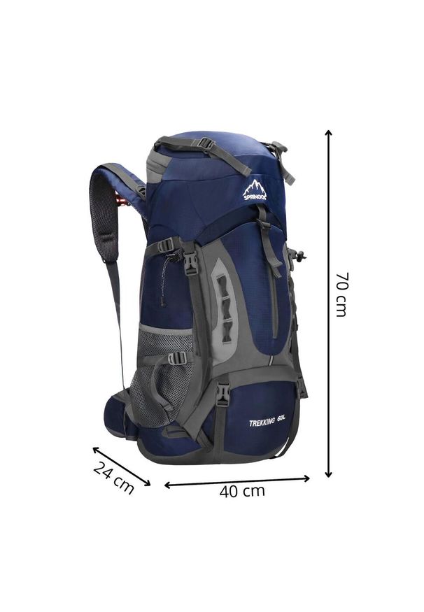 SPRINGOS - Plecak trekkingowy 60 L turystyczny survival z gwizdkiem granatowy. Kolor: niebieski. Styl: sportowy