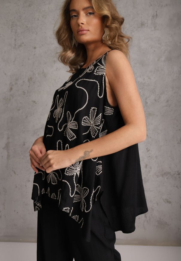 Renee - Czarny Wiskozowy Komplet z Lnem w Stylu Boho Spodnie i Bluzka z Haftem Marymene. Kolor: czarny. Materiał: len, wiskoza. Wzór: haft